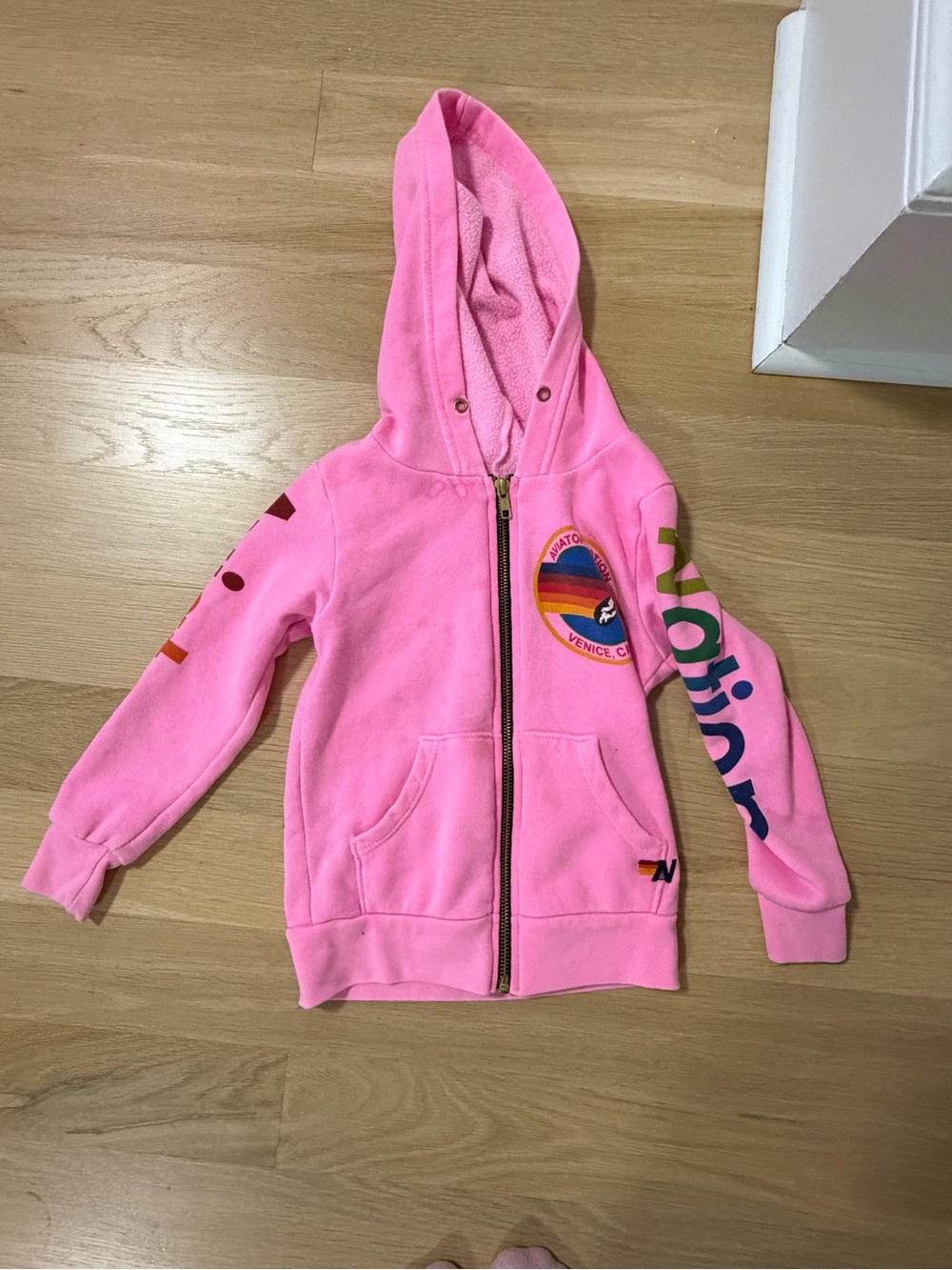 Aviator Nation Neon Pink Zip Hoodie with Rainbow Patch - Kids